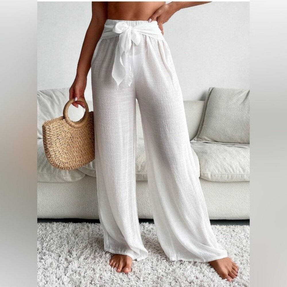 Tie Front Wide Leg Beach Cover Up Pants White